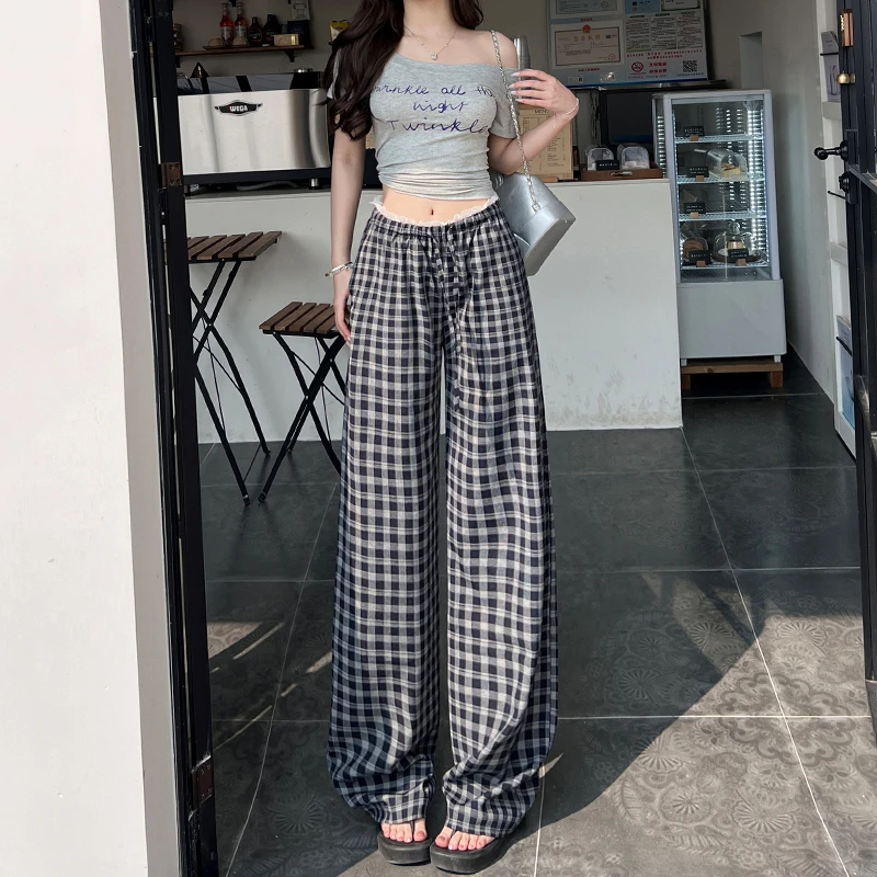 复古休闲蓝色格子阔腿裤女宽松早秋高腰显瘦垂感窄版直筒拖地裤子