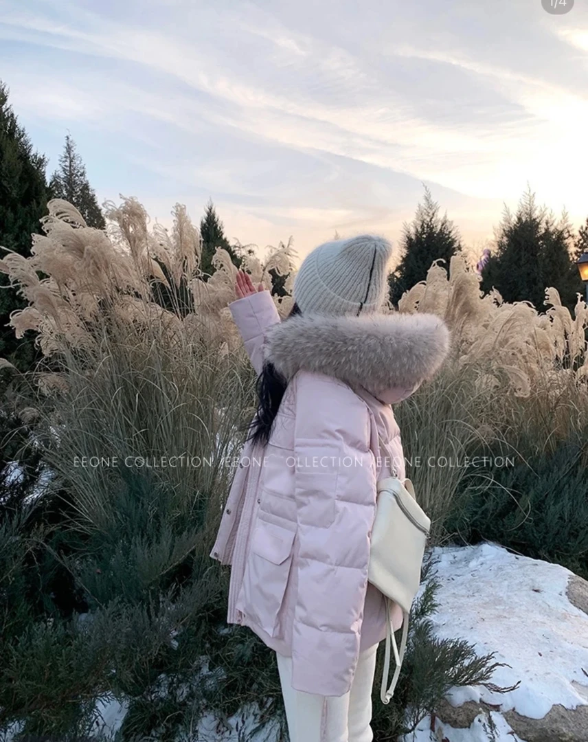 樱花粉色新款工装派克加厚保暖连帽真毛领貉子毛