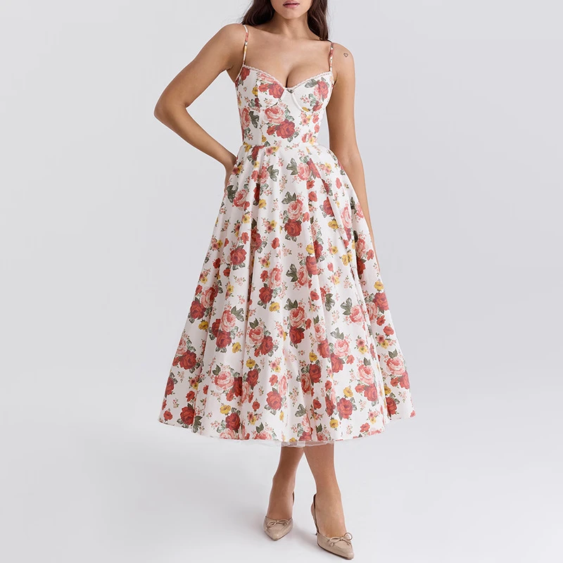 法式田园风吊带裙2025新款时尚花朵高腰修身显瘦性感蓬蓬连衣裙女