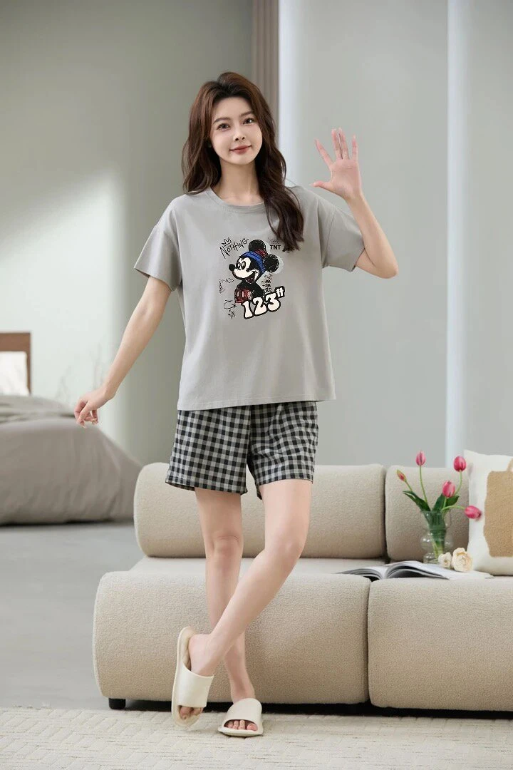 新款女士爽棉纯棉拉架短袖短裤睡衣套装 5542