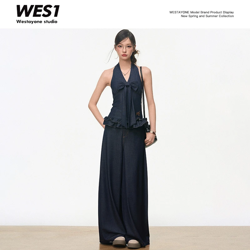 【新品1】WESTAYONE新品韩系通勤仿天丝牛仔套装蝴蝶结