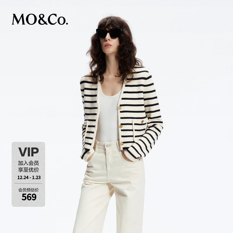 MOCO春小香风肌理条纹V领短款针织衫开衫外套MBD1CAR016