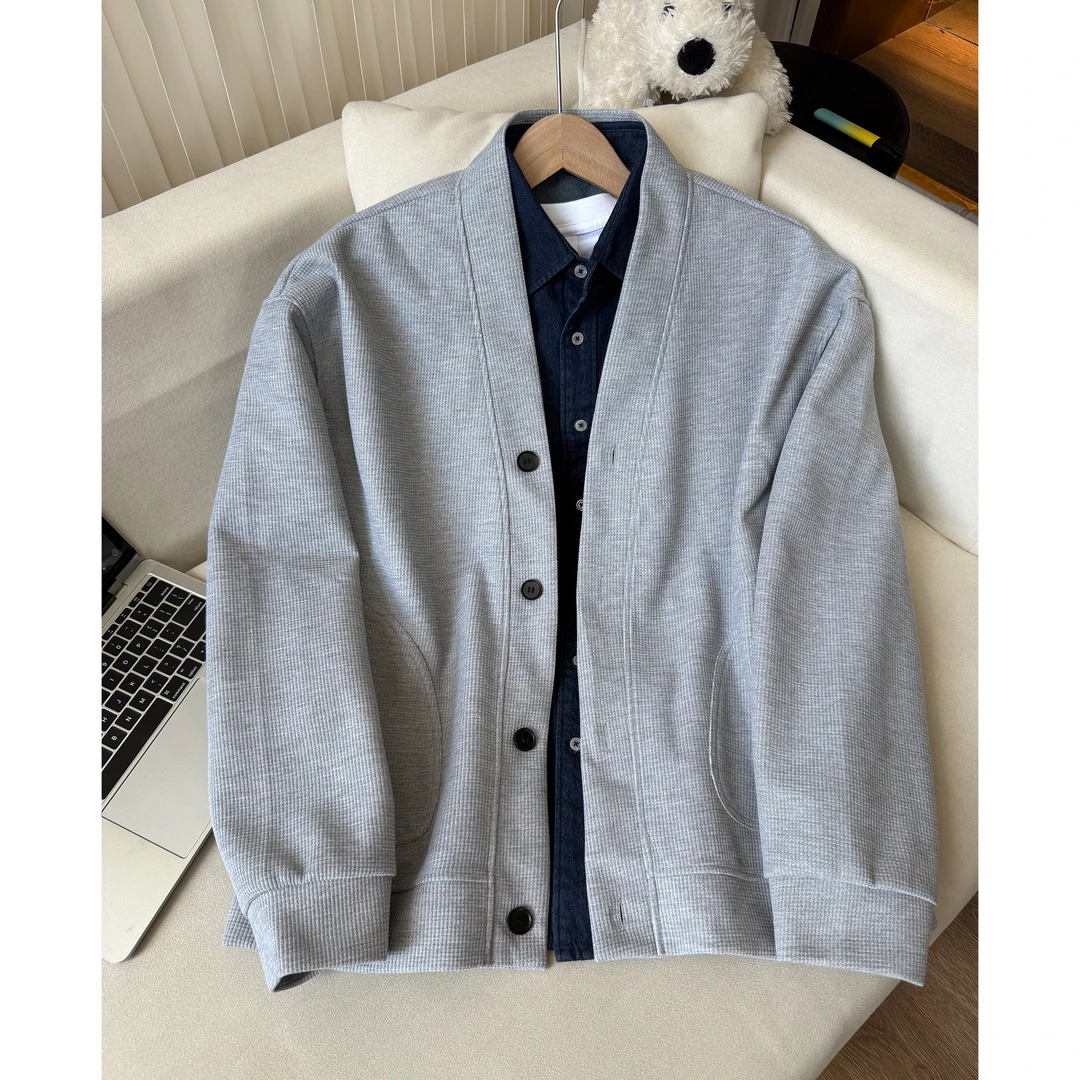 灰色华夫格开衫卫衣外套男款春秋高级感V领长袖美式痞帅休闲夹克