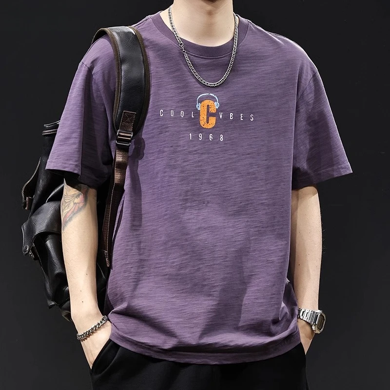 夏季2025新款大码高端美式潮牌短袖t恤男士简约衣服竹节重磅体恤