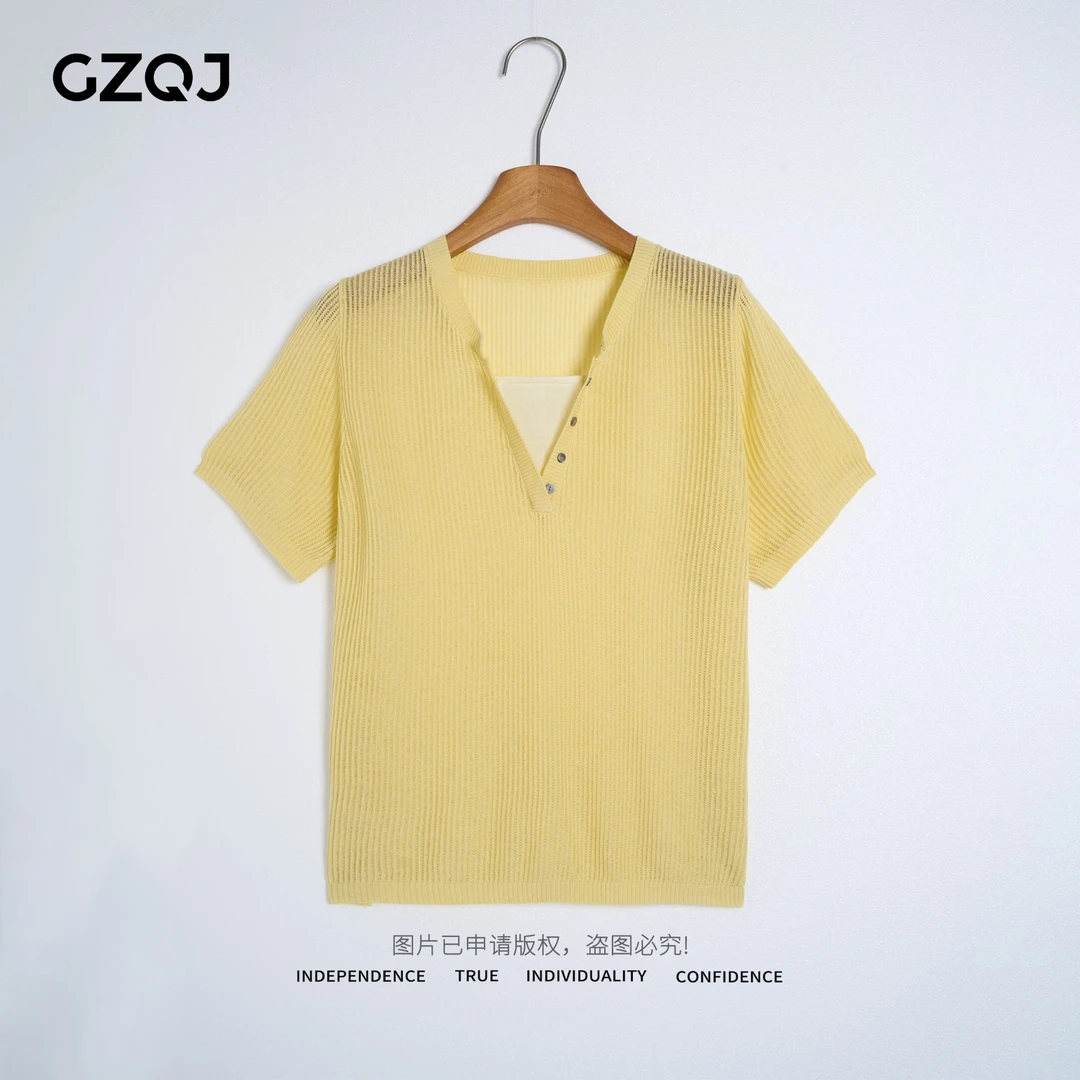 老琴私服【温柔初夏】 欧若风设计感V领假两件针织衫短袖女 08837