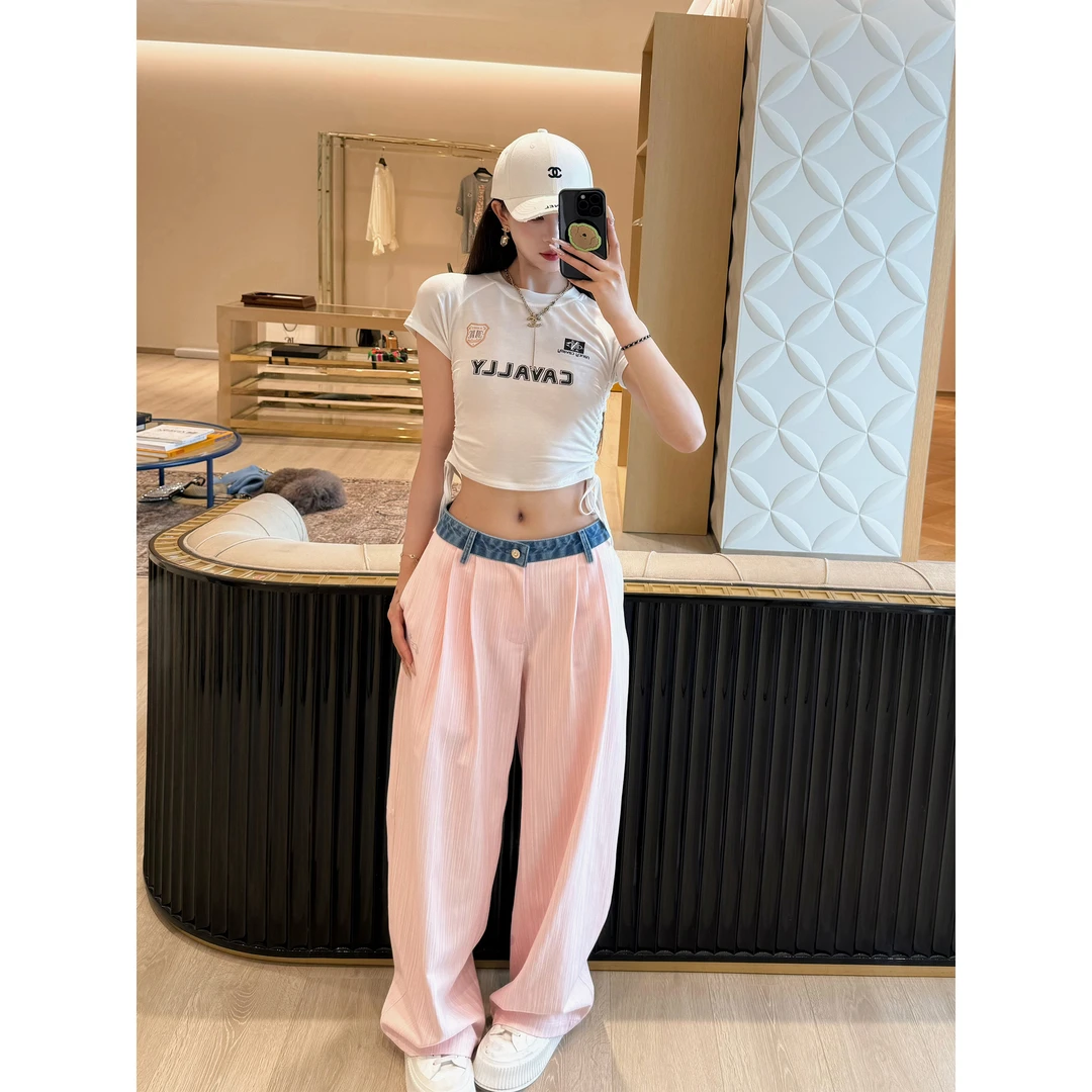 NancyCavally专柜款轻薄筋骨肌理棉 博主INS风撞色牛仔腰头阔腿裤