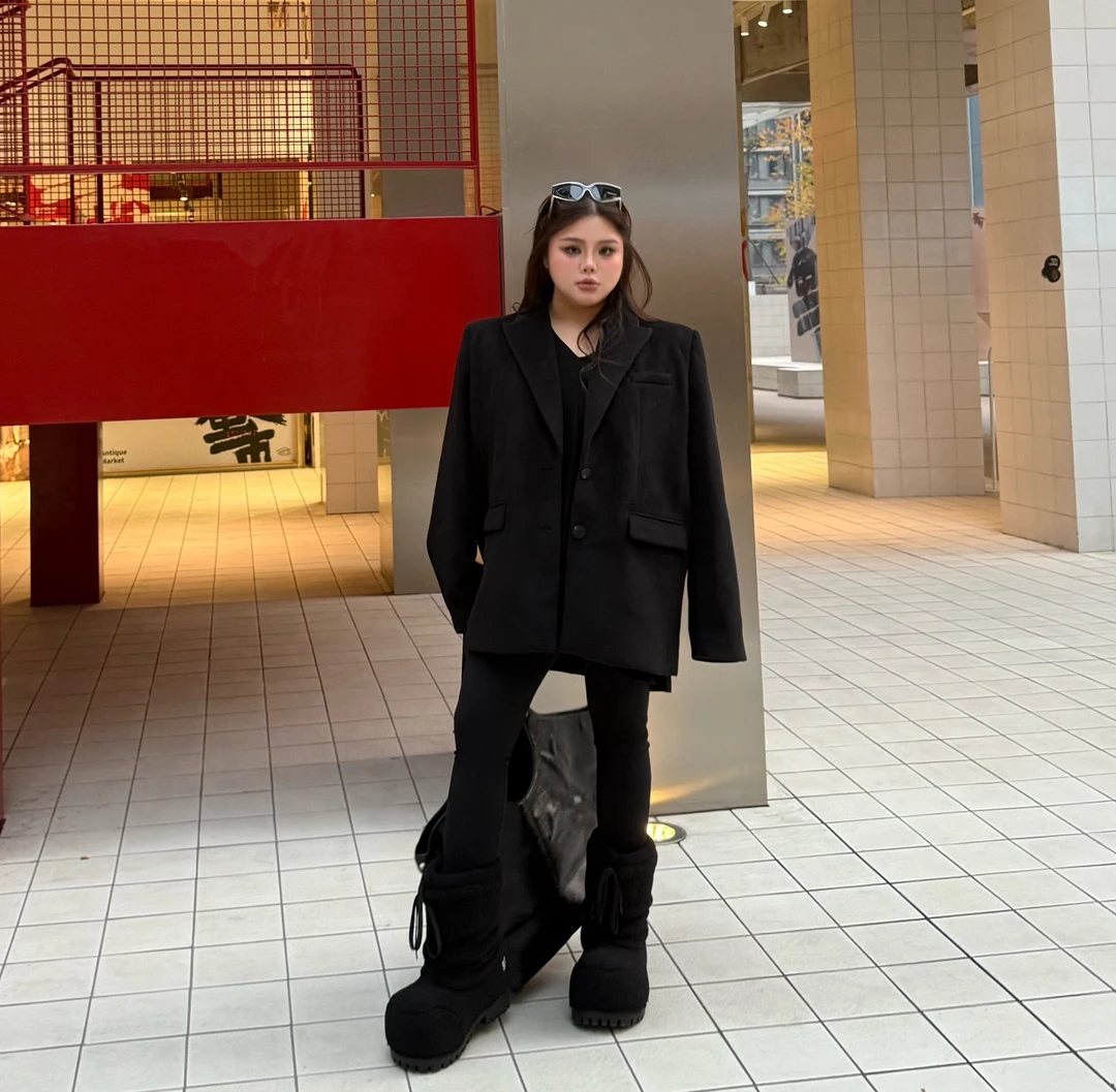 【兔毛西装外套】大码正肩兔毛毛呢大衣秋冬厚呢子外套女宽松显瘦