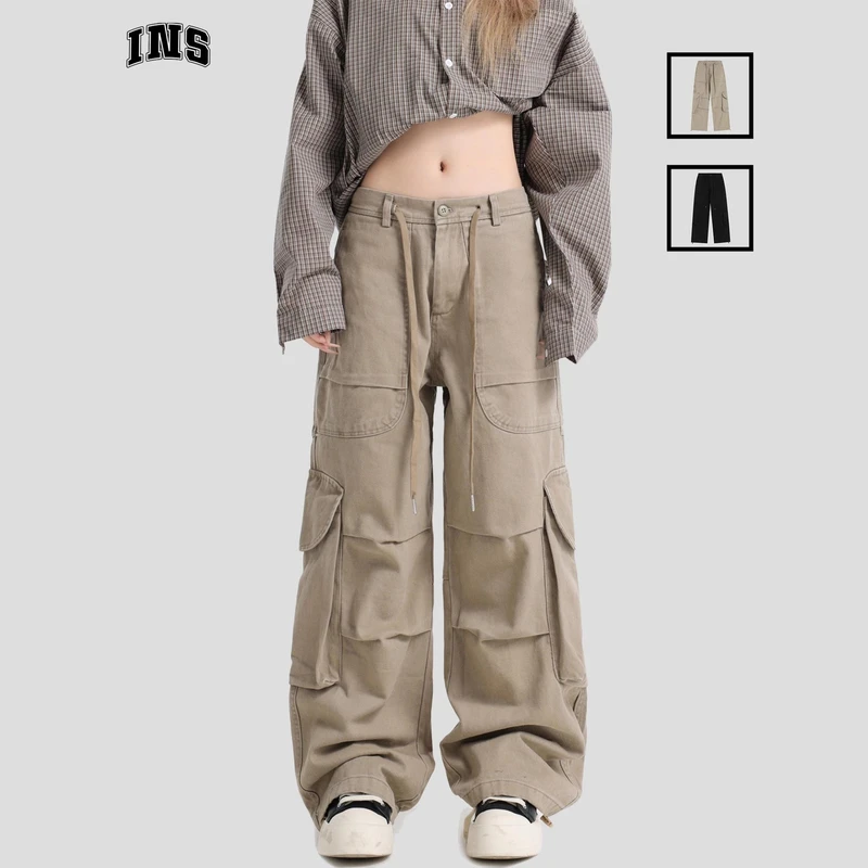 INSstudios国潮牌情侣美式多口袋褶皱工装裤宽松水洗休闲长裤子