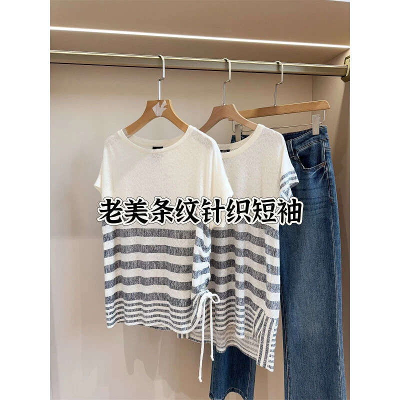 老美单 50几美金 条纹针织短袖T恤女