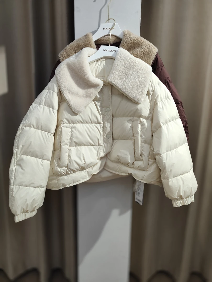 麦寻女装专柜90绒棉服白色短款时尚百搭翻领韩版冬款加厚保暖冬季