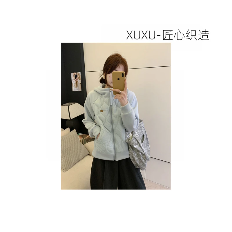 XUXU-[纯色沿线]25年秋冬新款女加厚连帽ootd拼接外套HT-3316