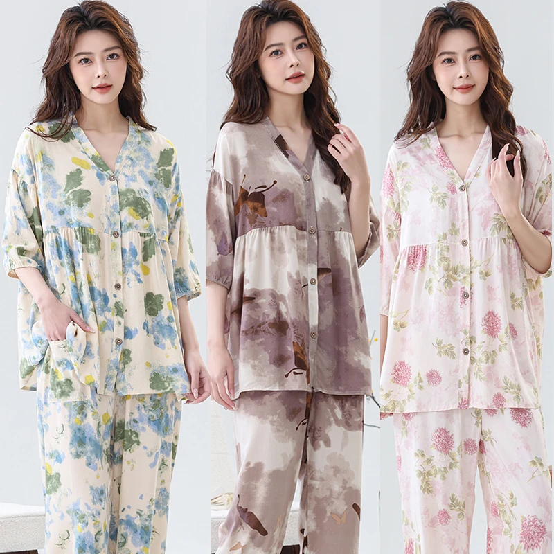 2025新款棉绸睡衣女春秋季中老年妈妈款绵绸家居服套装可外穿夏天