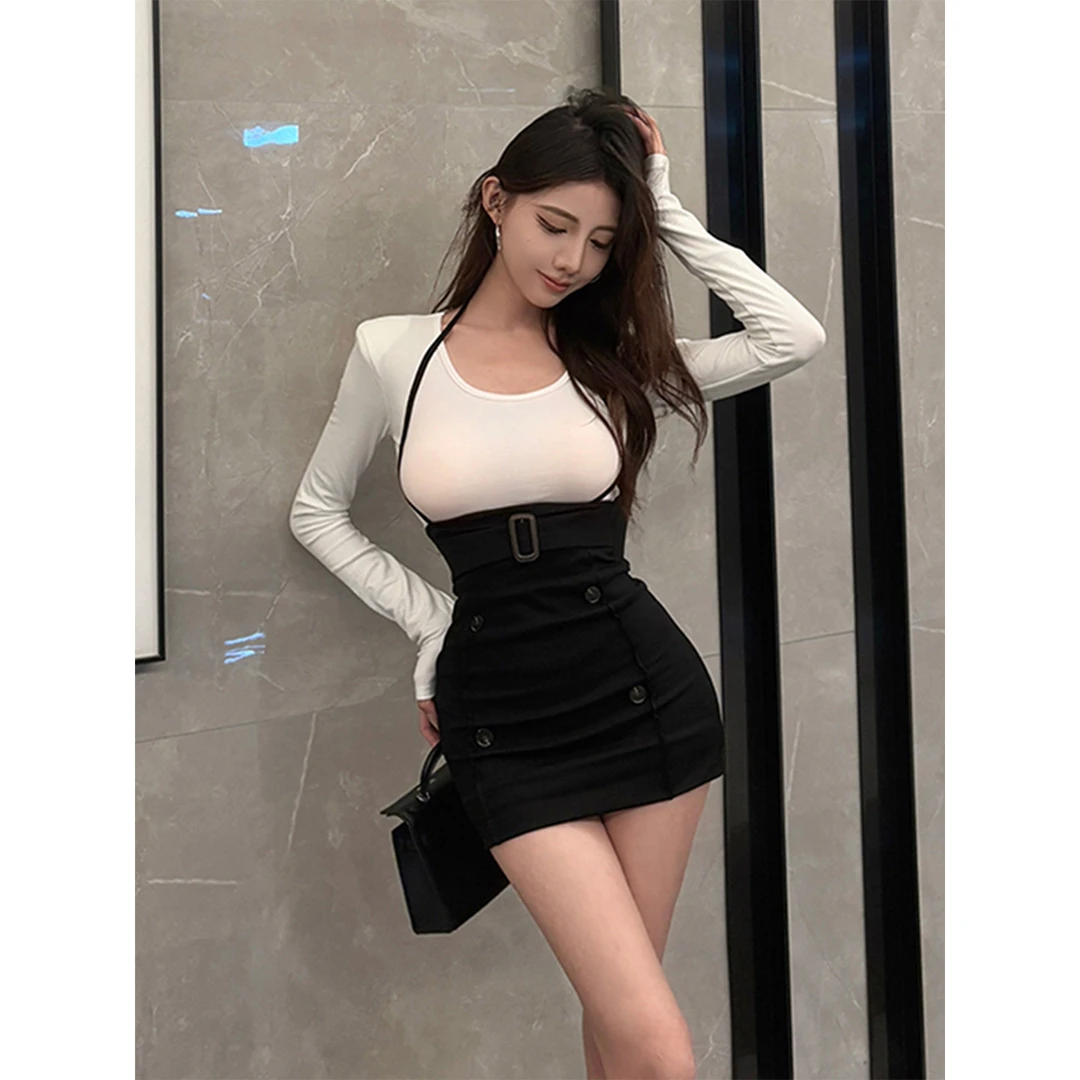 纯欲辣妹V领长袖T恤上衣女秋季新款修身显瘦背带包臀短裙两件套