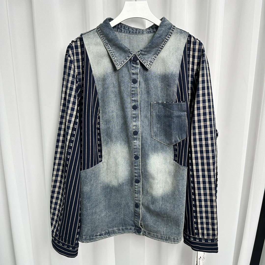 【女权贵族】26春季新款INS风格子拼接牛仔上衣-1013