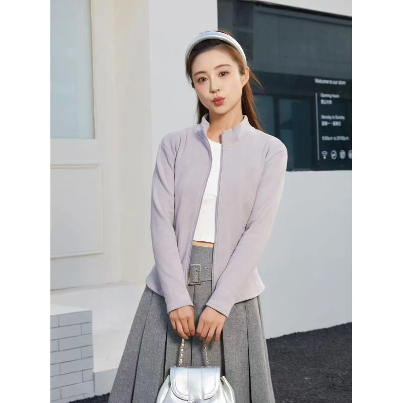 羊绒蚕丝显瘦小蛮腰立领修身外套秋冬季女款长袖卫衣开衫上衣801