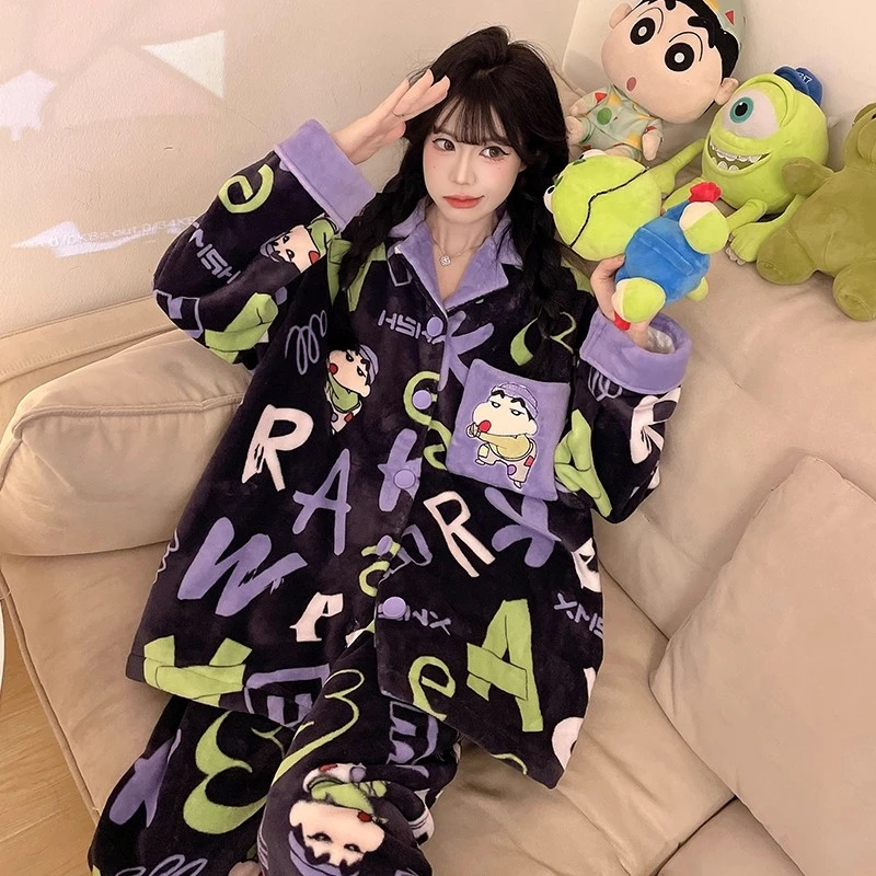 2025新款睡衣女秋冬季珊瑚绒加绒加厚可爱保暖蜡笔小新家居服冬天