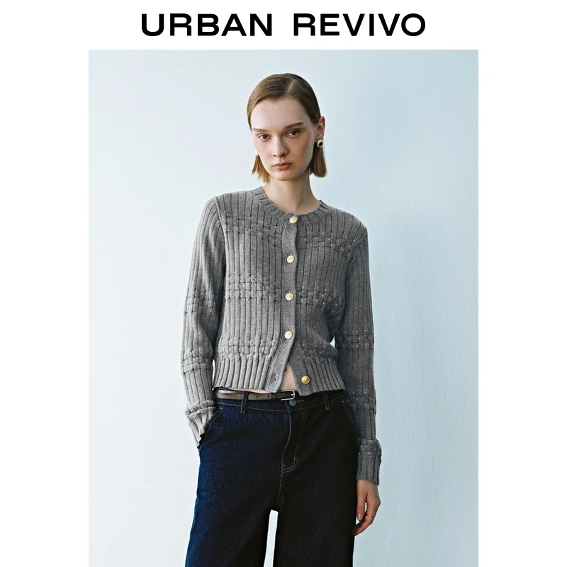 UR2025冬季新款女装都市气质通勤坑条排扣针织开衫UYU950129+