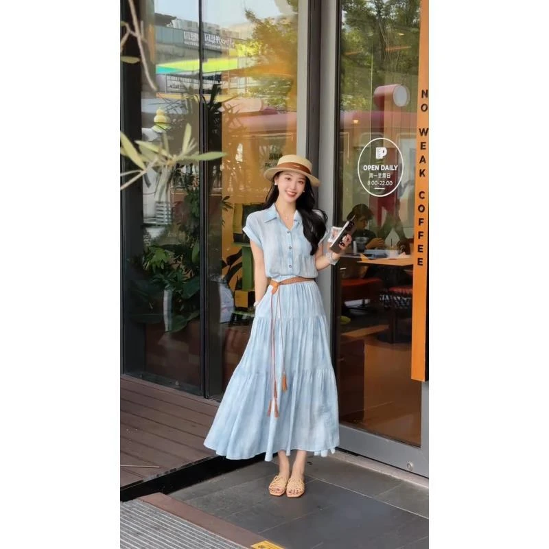 蓝色连衣裙夏季女装2025新款高级感气质休闲度假夏天假两件长裙子