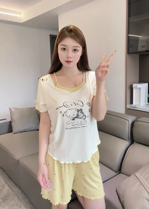 莫代尔睡衣女夏季短袖短裤少女纯欲风清新小猫带胸垫可外穿家居服