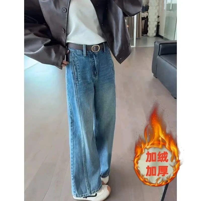 【加绒/单裤】8926秋冬新款高腰阔腿牛仔窄版直筒裤时尚显瘦百搭.YX