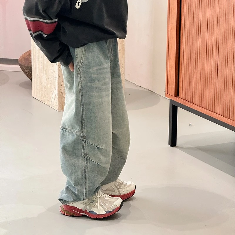 K5531男童春装2025儿童个性褶皱牛仔裤中大童儿童装浅色直筒长裤