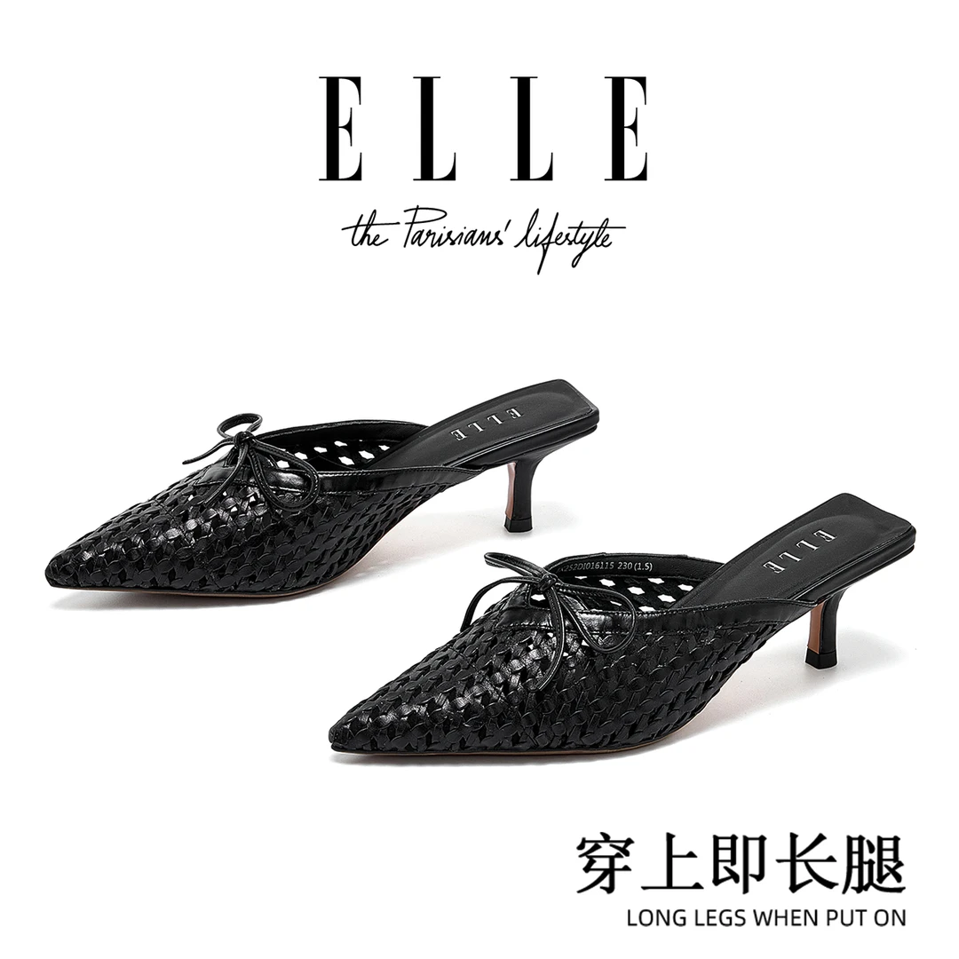 ELLE法式设计感细跟包头半拖鞋女2025秋季外穿仙女风网纱高跟凉鞋