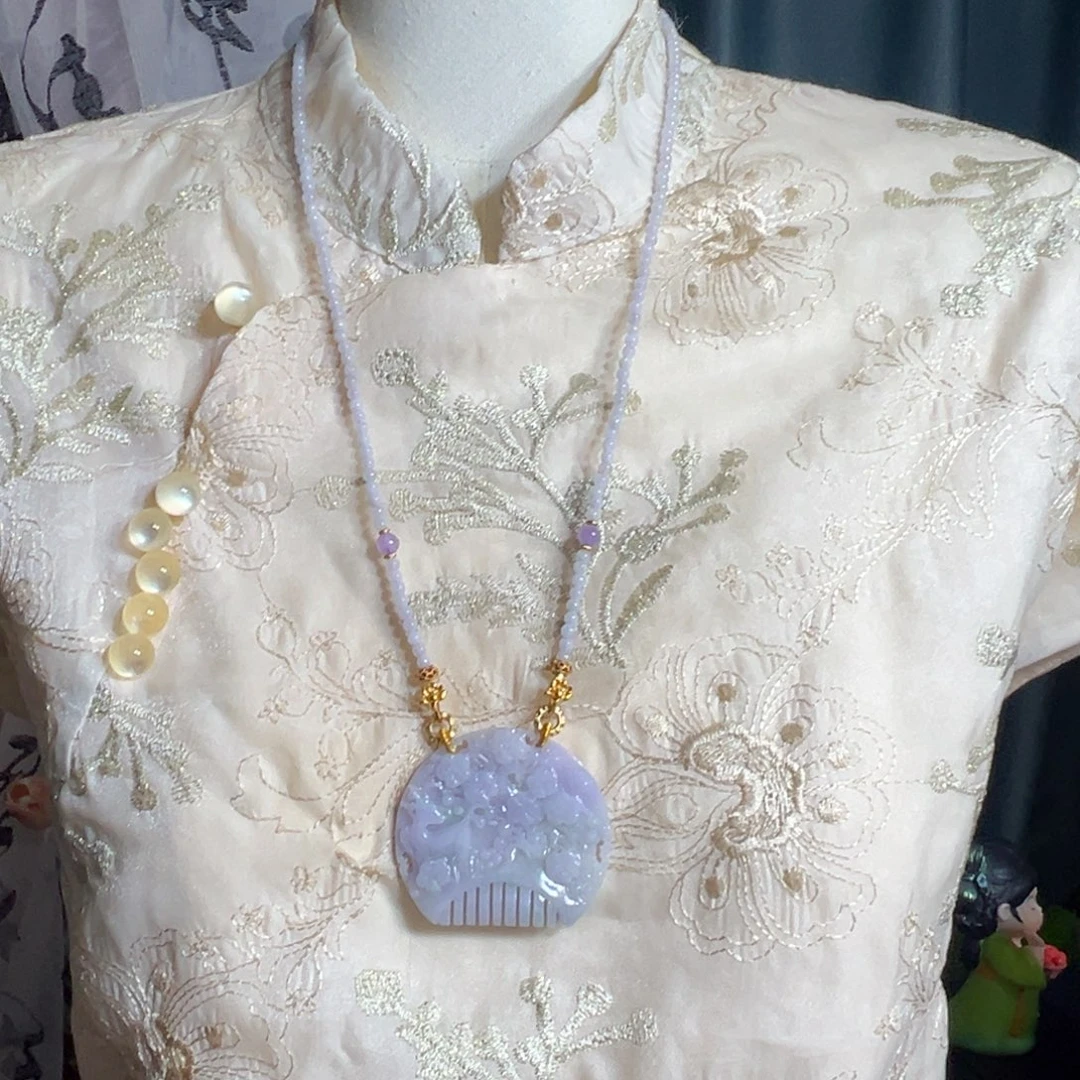 翡翠未镶嵌毛衣链冰紫一鹿生花梳子