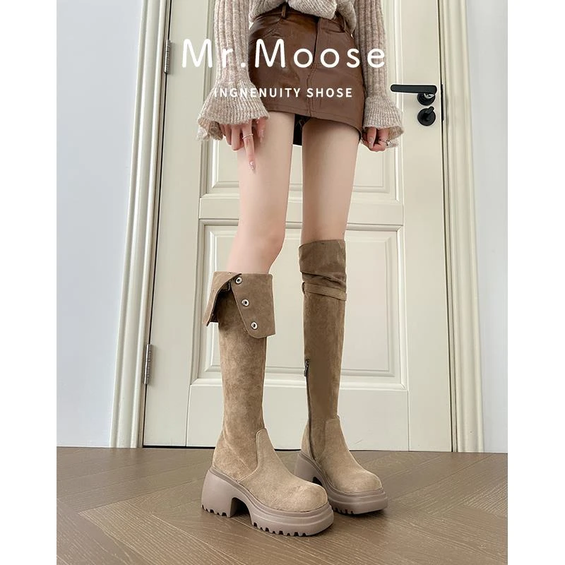 棕色两穿西部靴秋冬新款美拉德高筒靴粗跟过膝长靴高筒骑士靴加绒
