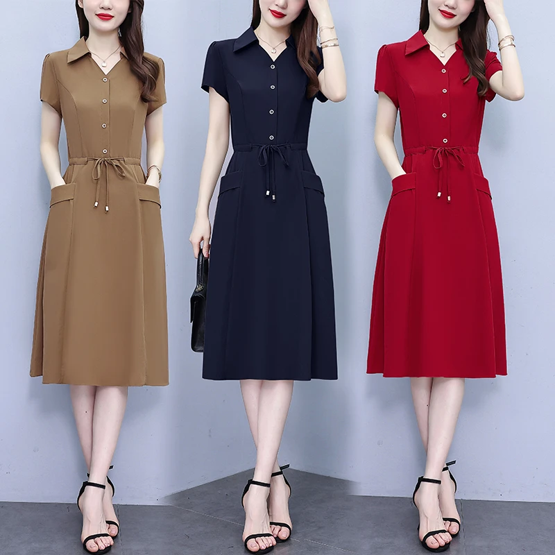 CD#2826 轻熟风衬衫裙子2025新款夏季女时尚洋气POLO领系带收腰纯