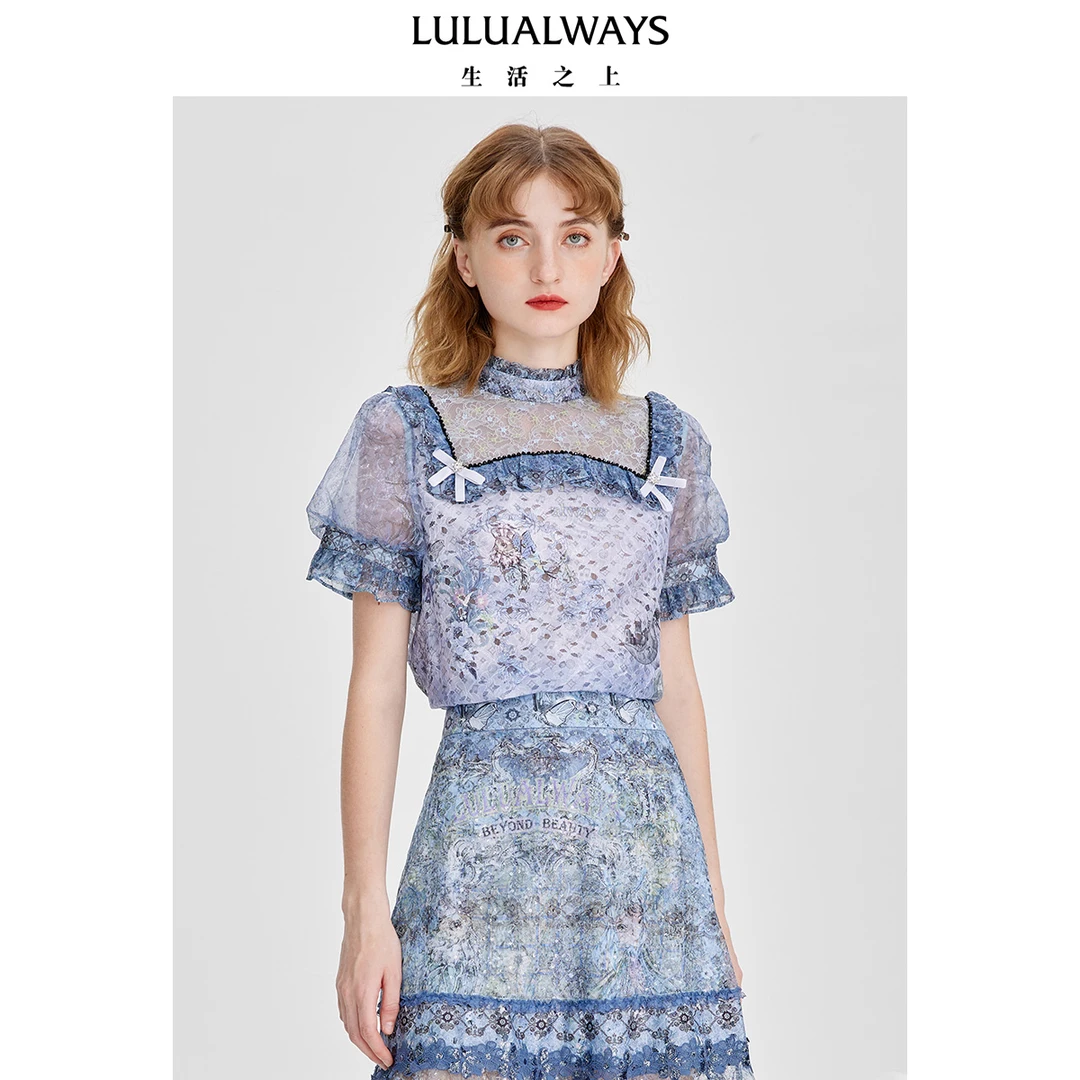LULUALWAYS新款气质时尚印花法式拼接短袖雪纺小衫LNB2039