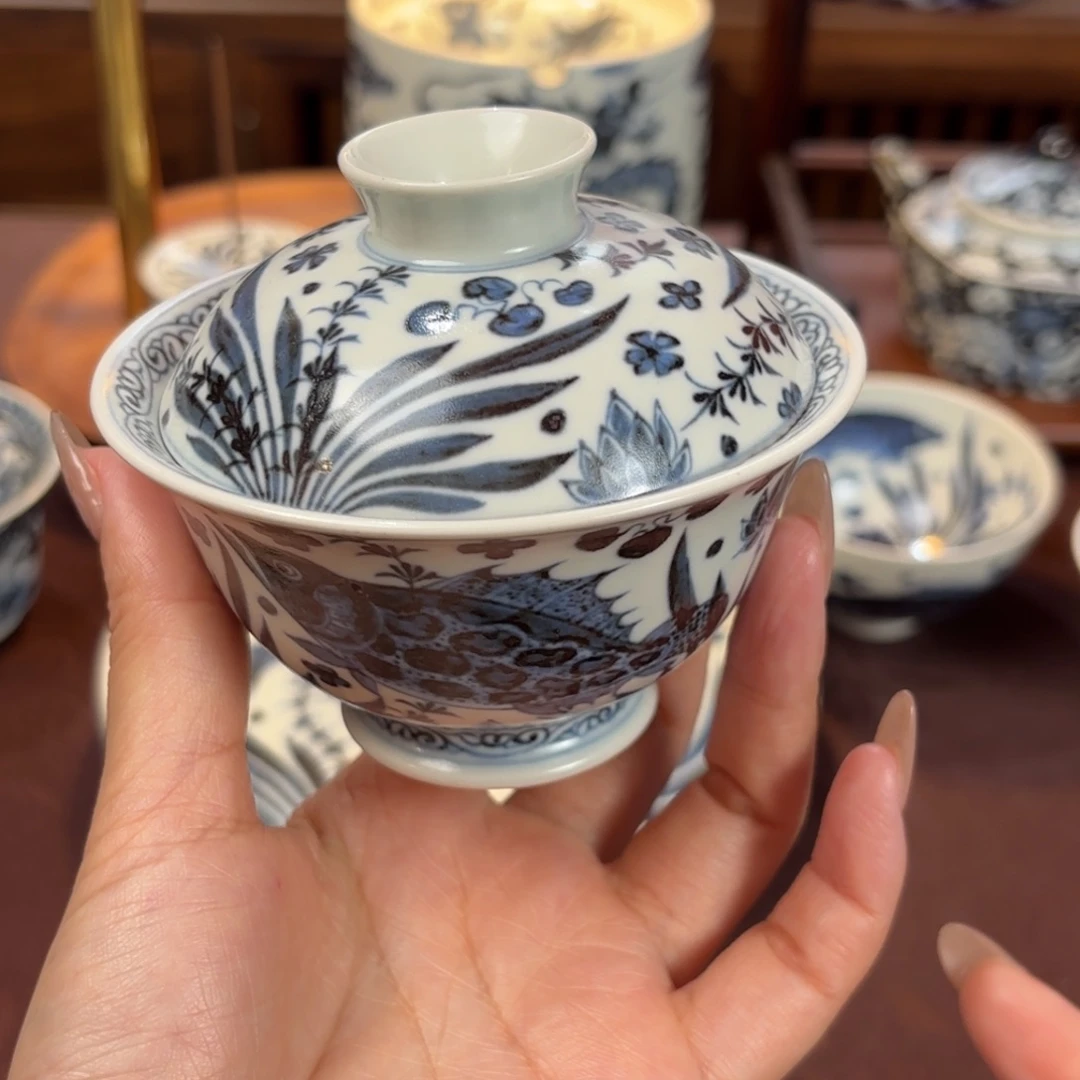 陶鱼藻盖碗博陵造物