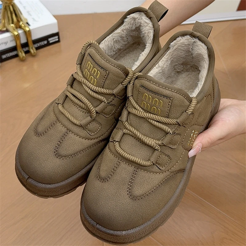 冬季新款加绒平底废土风圆头保暖女棉鞋休闲一脚蹬时尚老北京棉靴