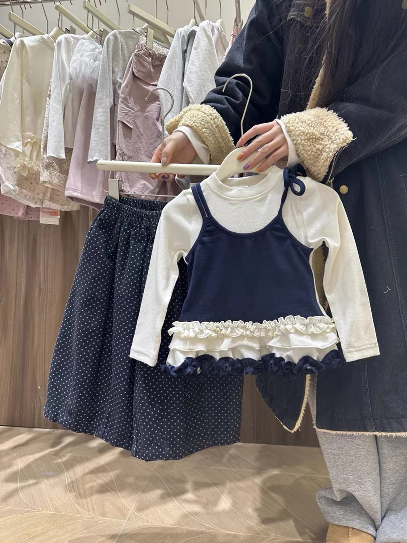 儿童春装2025新款女童套装网红假两件花边上衣女孩时髦波点阔腿裤