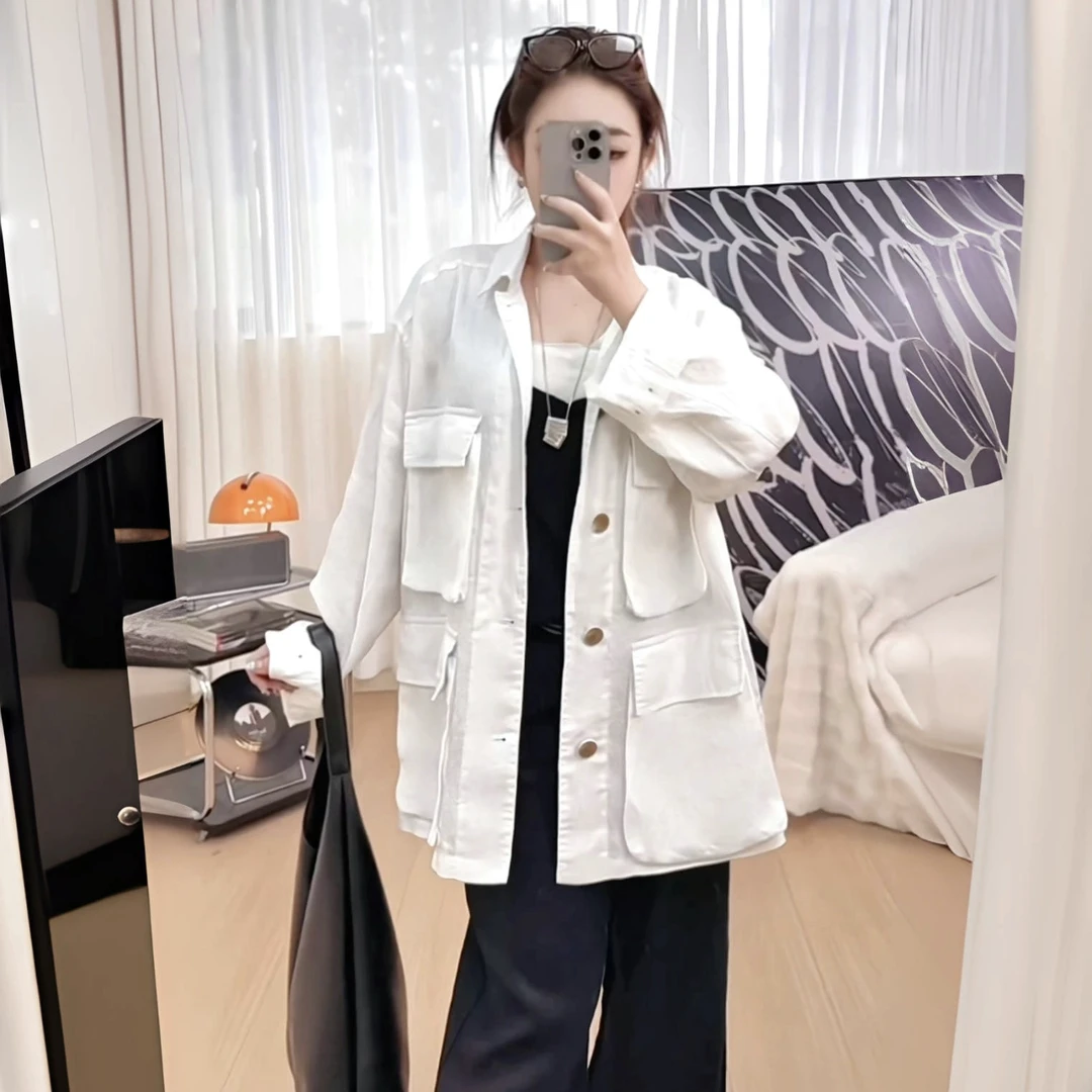 FMUR【9064】简约亚麻多口袋小众高级风琴袋外套