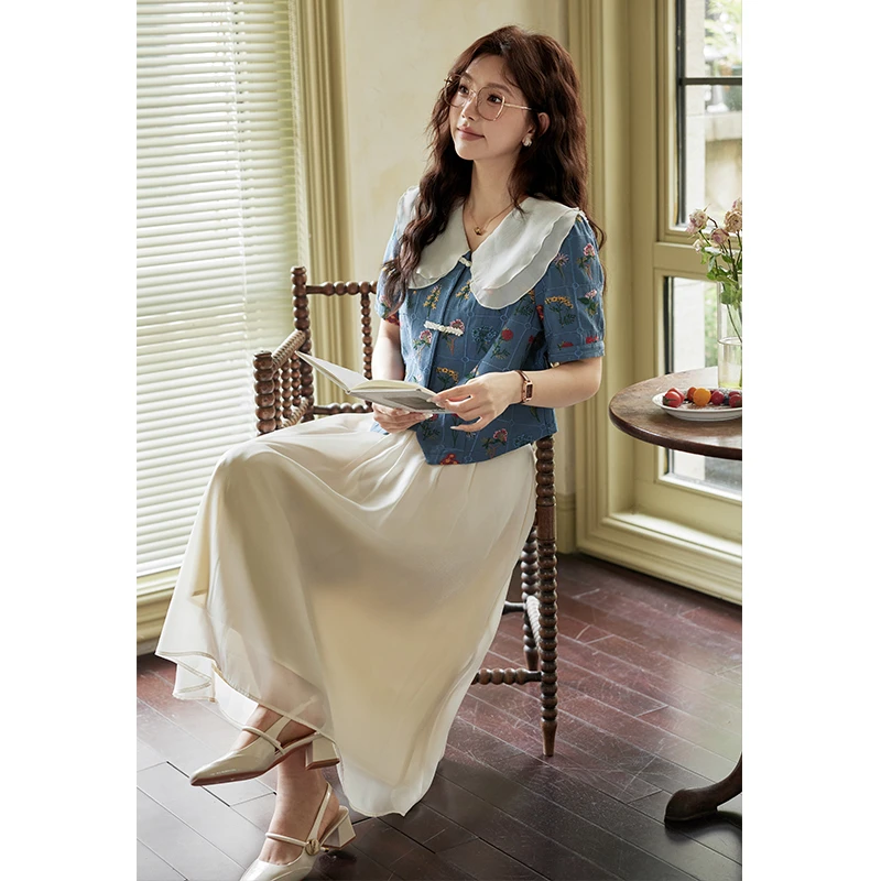 五季家大码女装夏季新品娃娃领蓝色上衣杏色长半裙两件套ZL105381