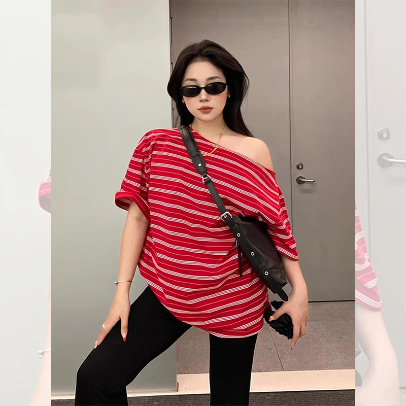 【全额运补】设计感小众上衣宽松慵懒风红色条纹斜肩纯棉短袖t恤