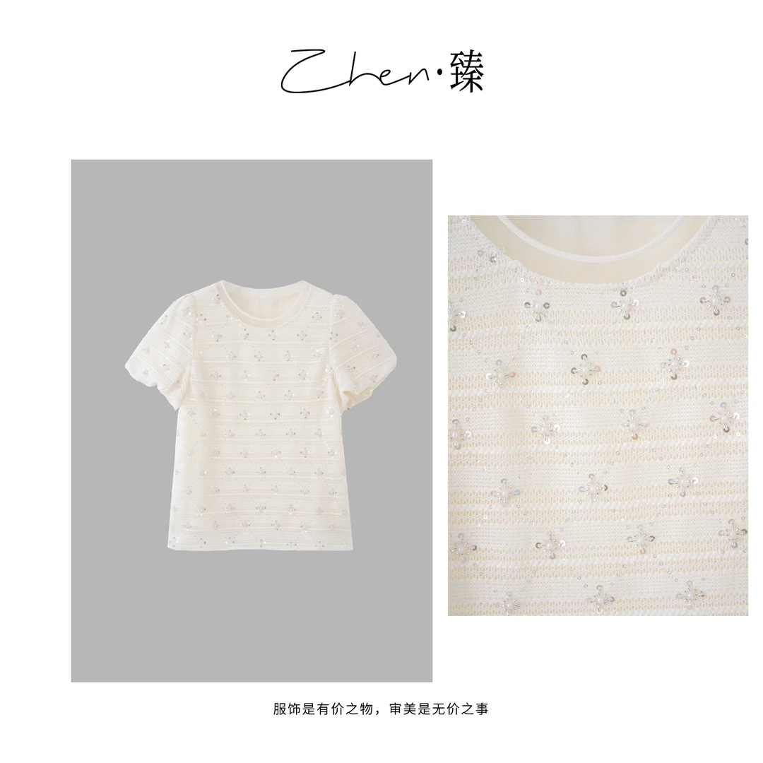 ZHEN.臻 法式镂空钉珠亮片蕾丝领边正肩上衣短袖T恤TX7960Z