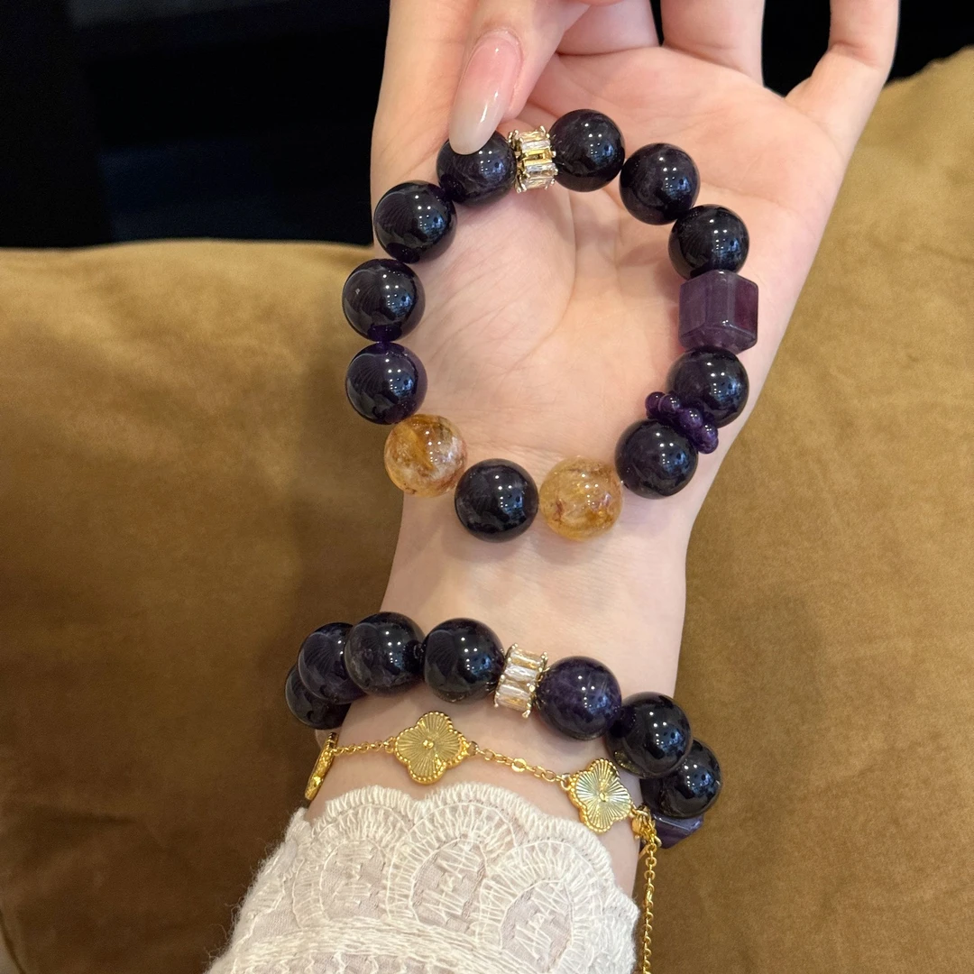 【葡萄酒会】14m乌拉圭紫水晶+黄水晶手串原创设计天然水晶Y128