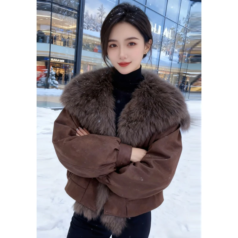 霖优冬季网红新款时尚洋气宽松高级感欧货大毛领棉服短款外套女士