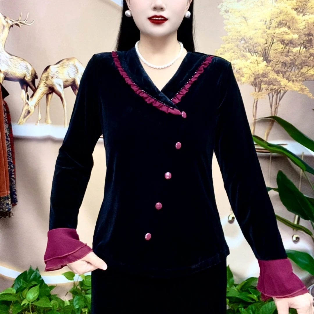 2025秋季新款时尚复古黑色绒长袖修身显瘦女长袖打底小衫百搭洋气