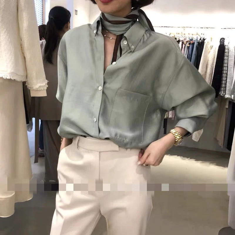 韩单 东大门新款超气质纯色丝绵垂感宽松休闲衬衫