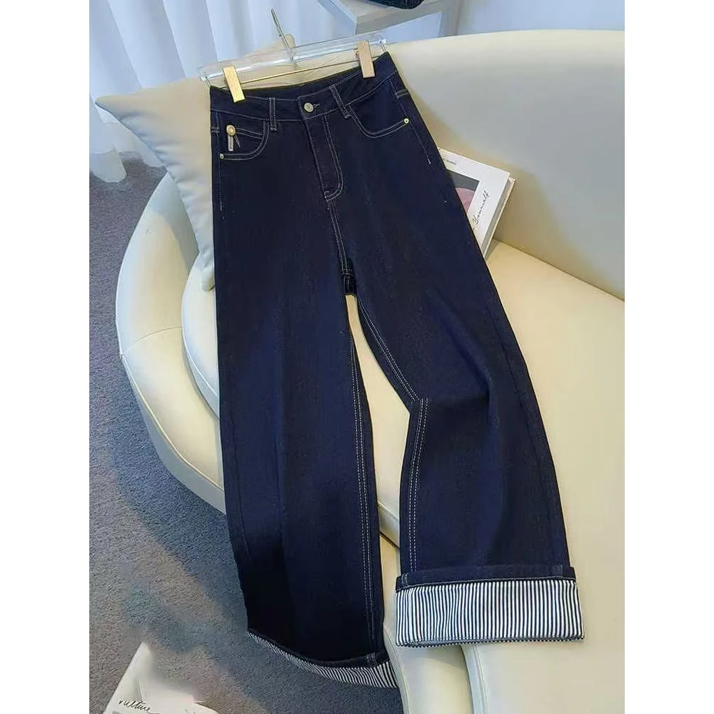 牛仔裤女2025春秋新款设计丹宁蓝翻边爆款裤子卷边宽松直筒阔腿裤