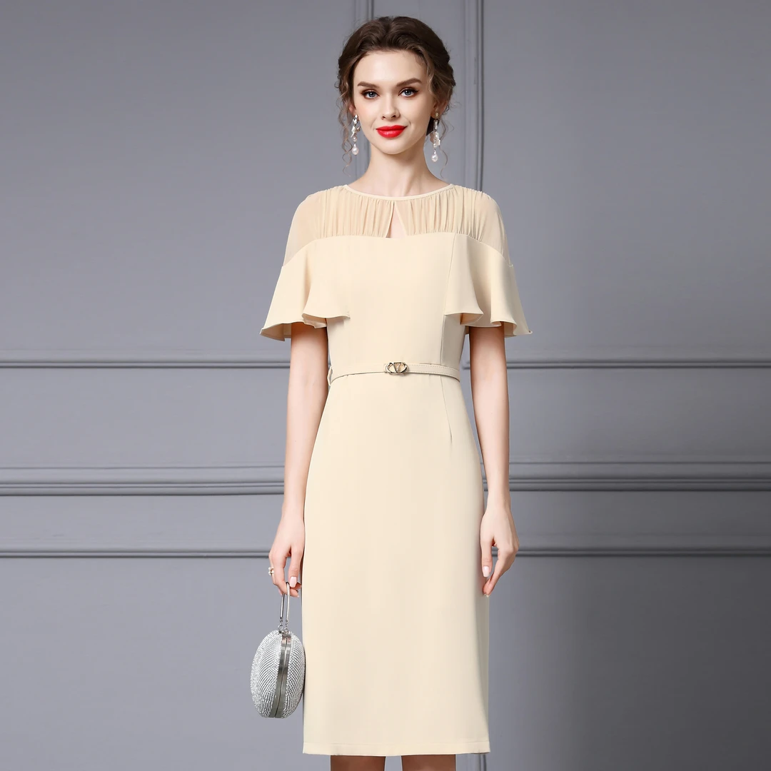 枝荔温柔白月光连衣裙女2025新款夏装压褶荷叶袖收腰显瘦包臀裙子