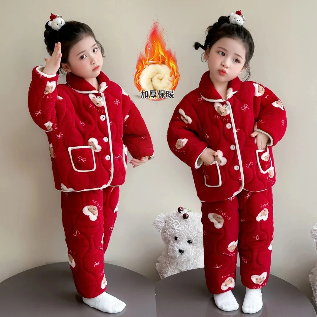 女童半边绒过年服睡衣冬季加绒加厚三层夹棉小女孩红色家居服套装