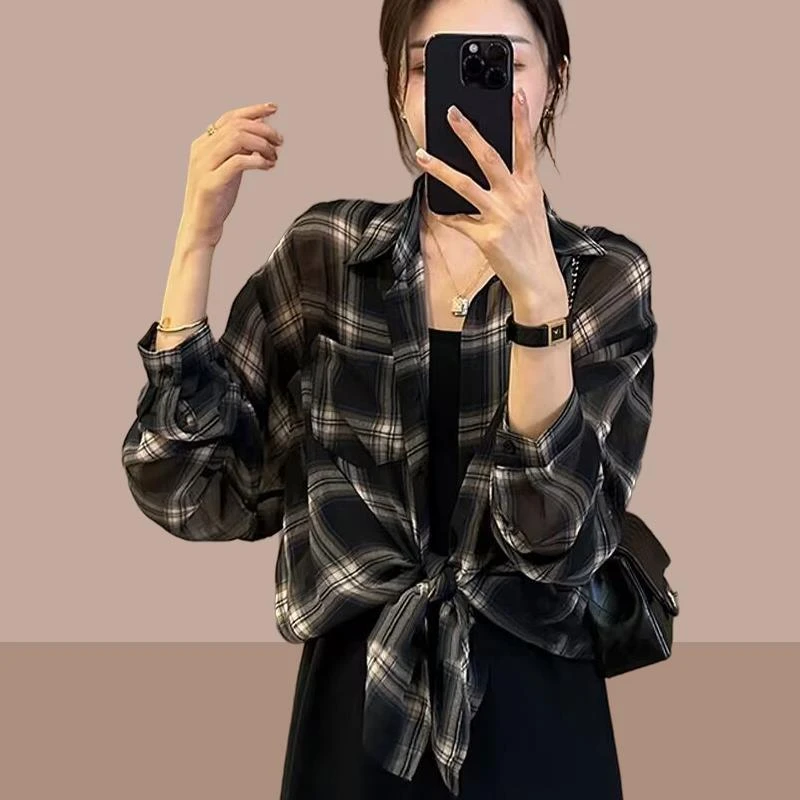 2025夏季新款女士休闲慵懒风防晒格子衬衫小个子外穿薄纱雪纺上衣