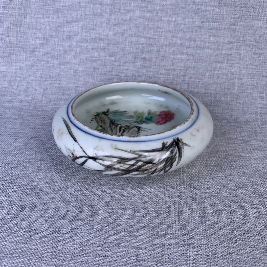 清代粉彩花鸟铜锣洗古瓷器真品国营镇江市文物商店库出5128044