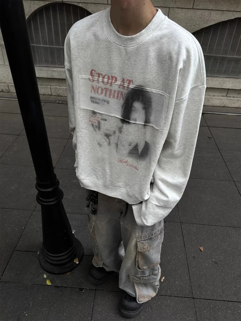 2025春季复古美式白墨直喷设计感人物印花长袖圆领卫衣慢潮牌上衣