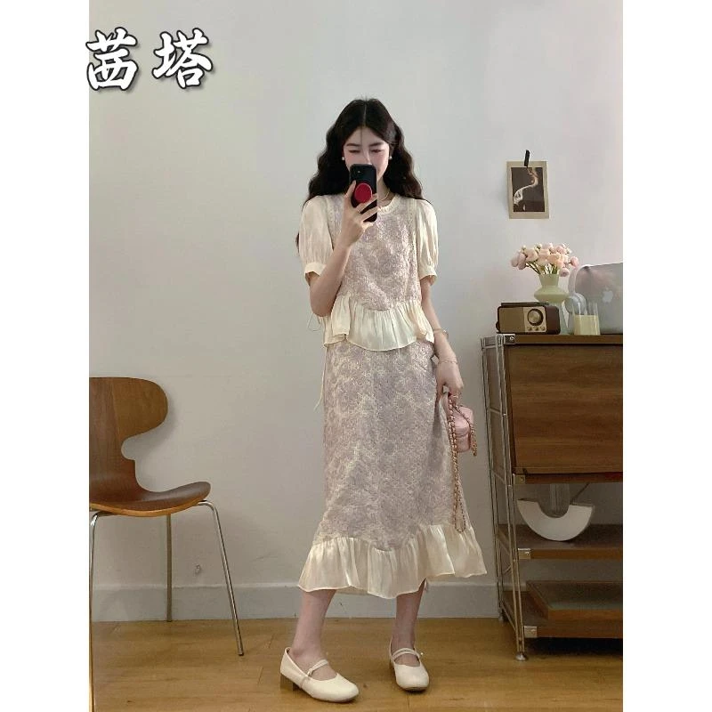 大码法式气质穿搭一整套女夏装胖mm高级感遮肉显瘦半身裙两件套装