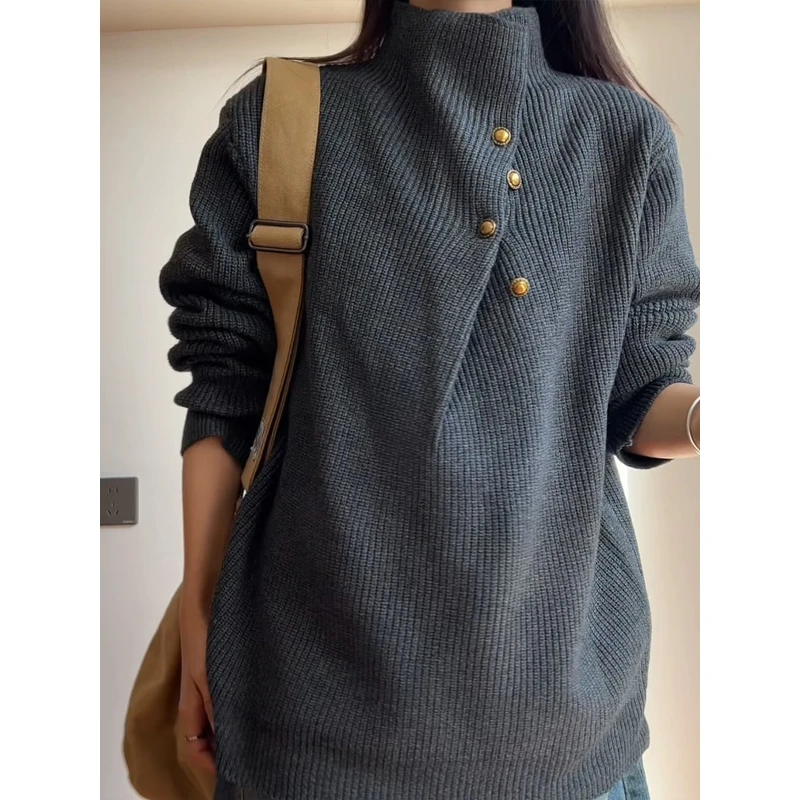 不规则纽扣设计感立领毛衣男女冬季宽松慵懒风纯色美式休闲针织衫