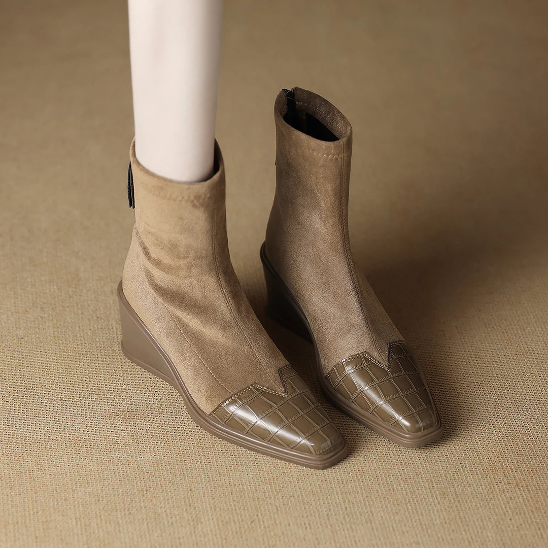 拾姑娘羊皮版305-2坡跟厚底软皮瘦瘦靴女百搭时装靴复古气质短靴